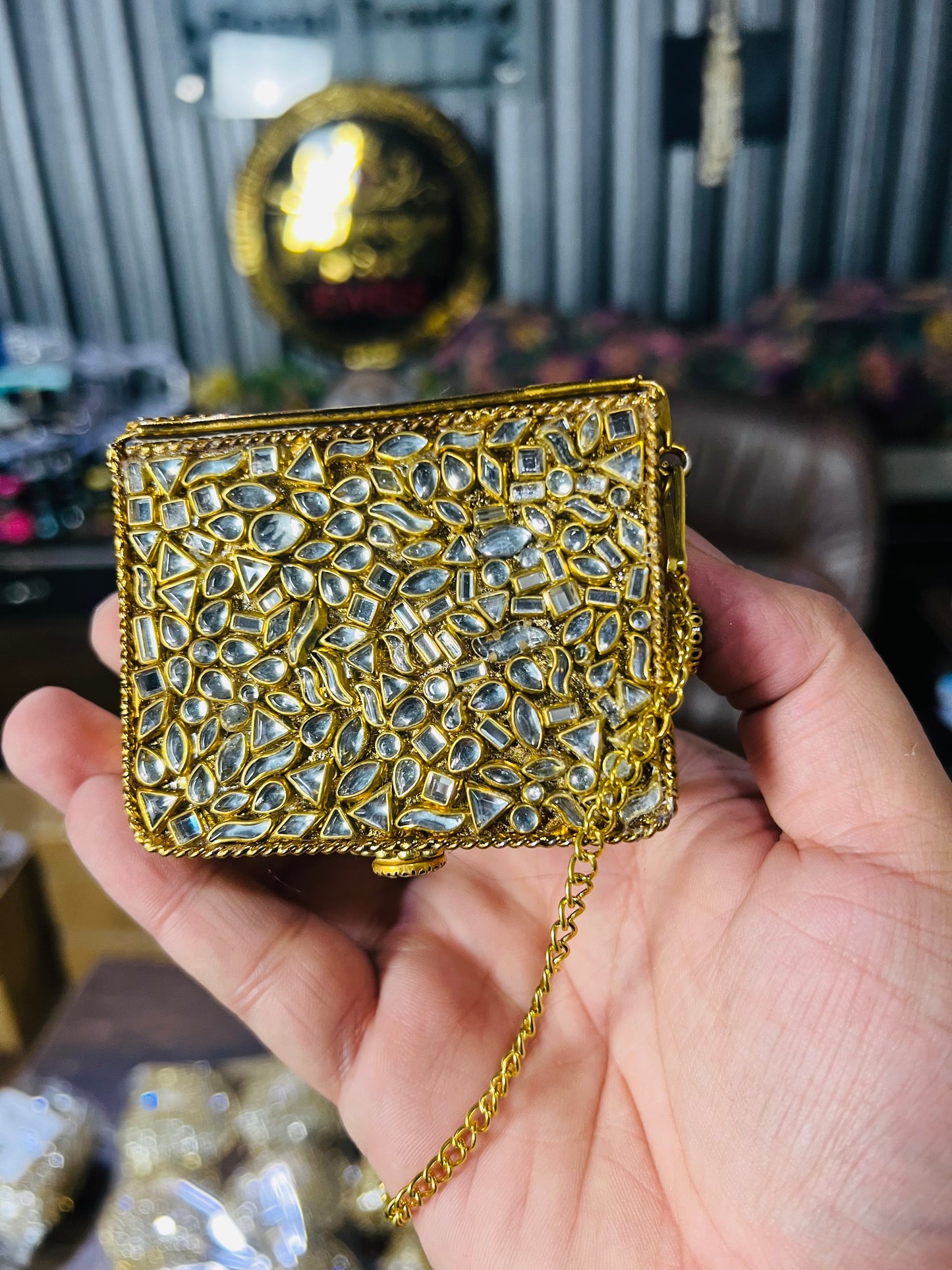 Square Mini Kundan Green Stone Metal Bag ZC-1