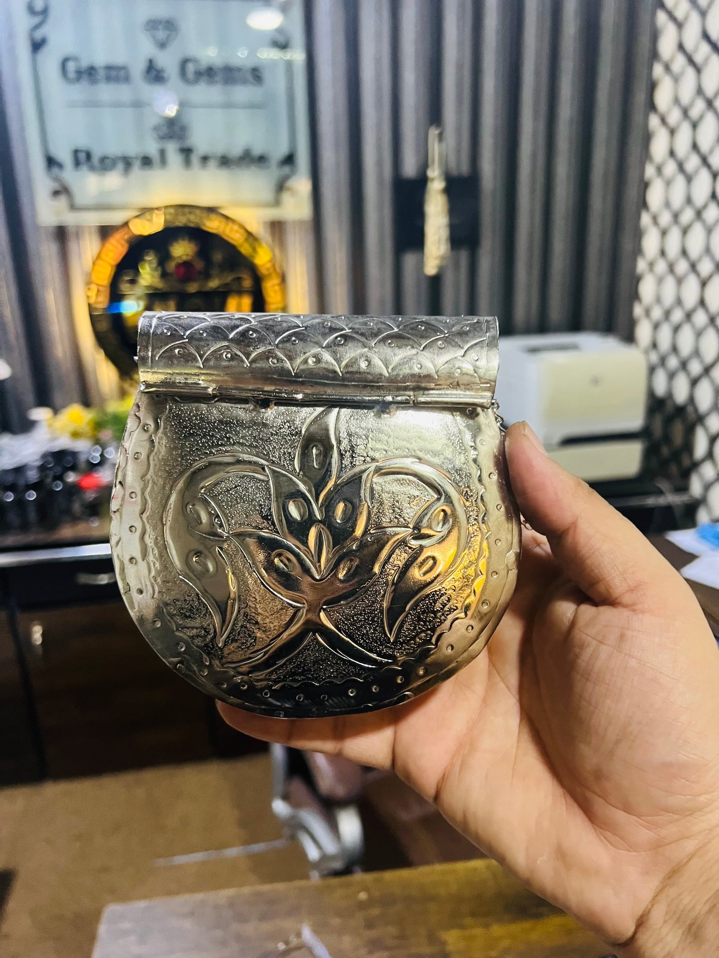 Silver Metal Bag Stylish D Shape MEDIUM SIZE (Random Carving Design)