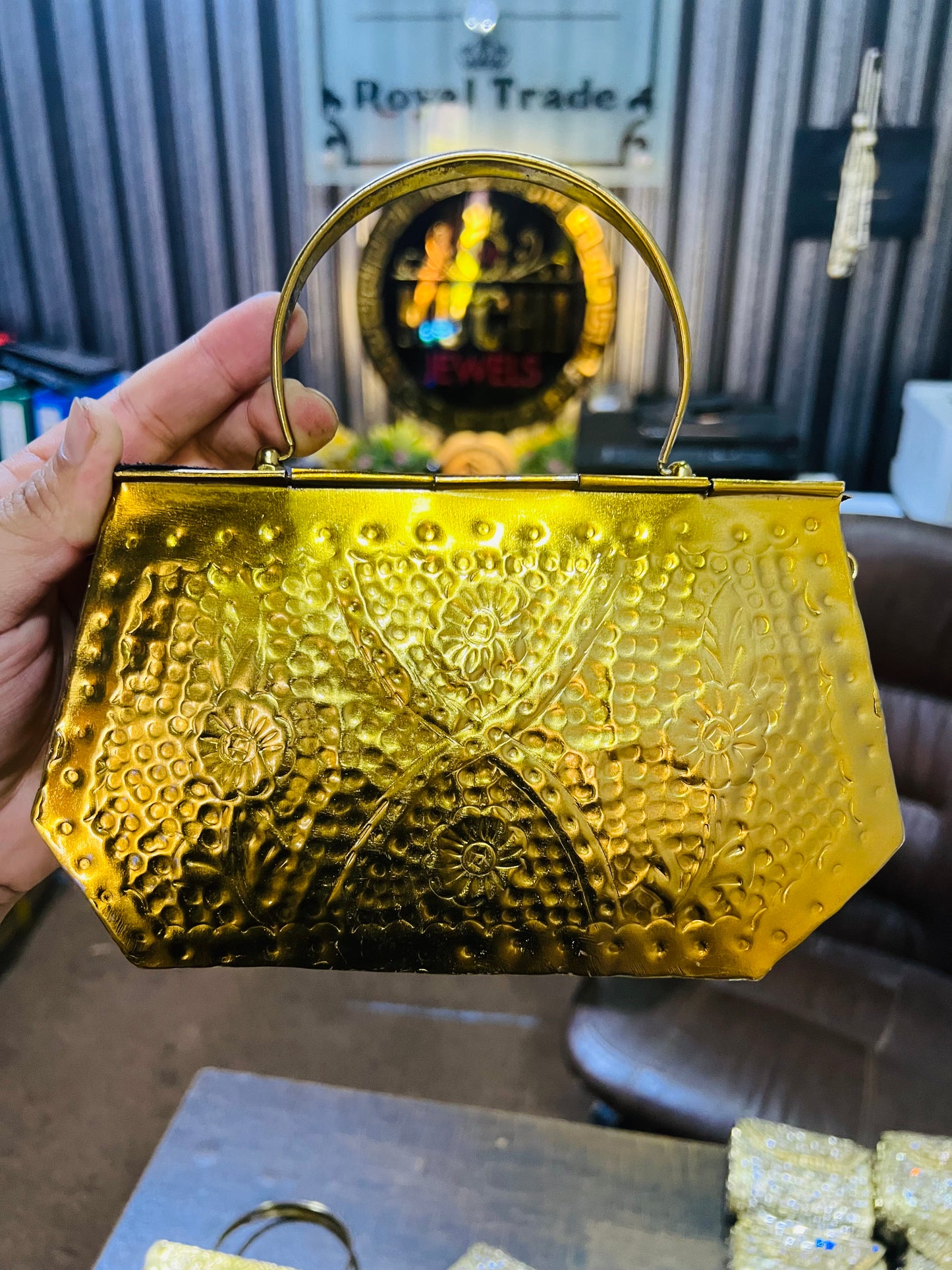 Indian Golden Metal Large Bag With Handle Best For Party Events -D2