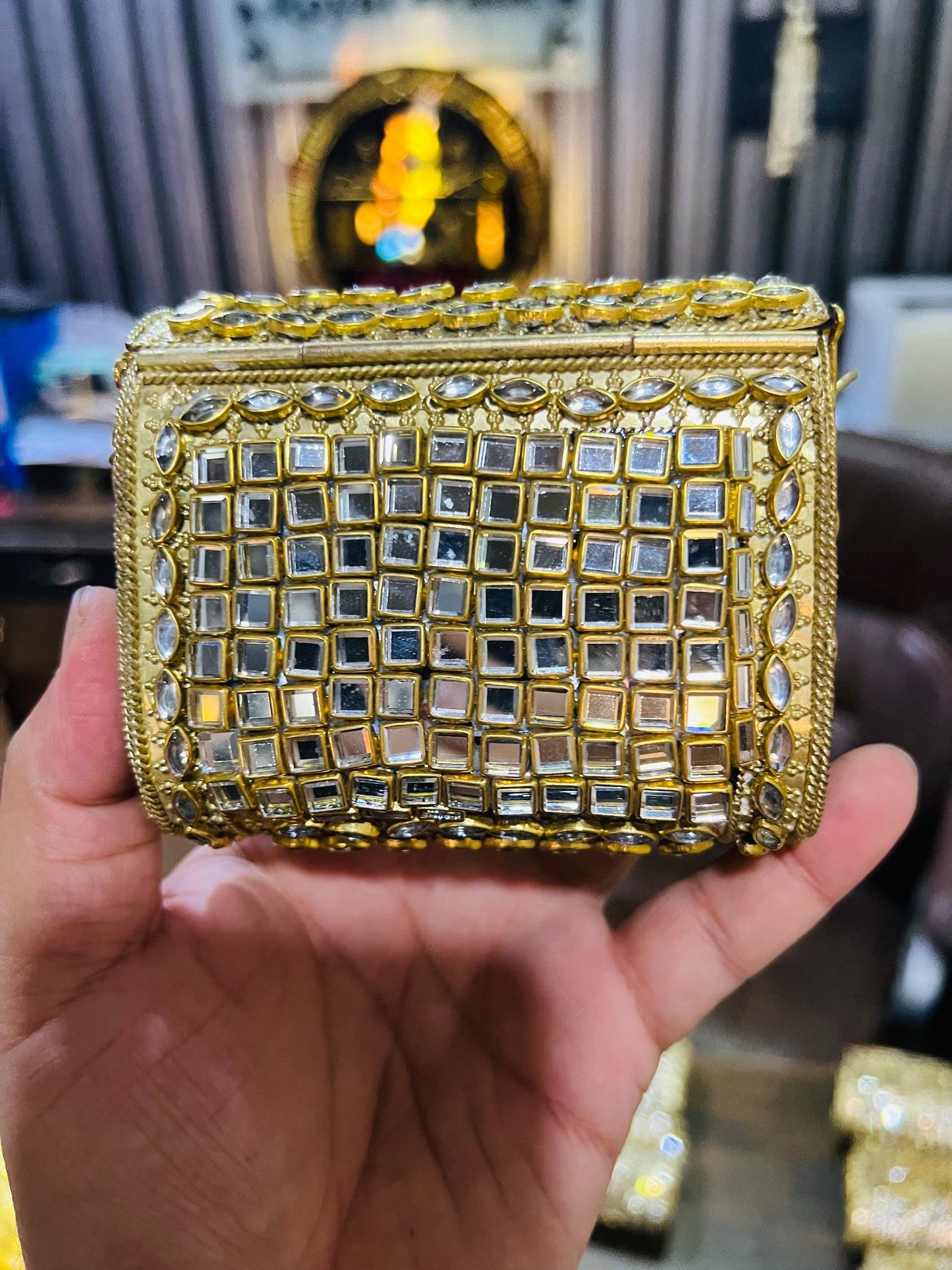 Mid Medium Kundan Golden Base Bag, Square Shape BB-S6