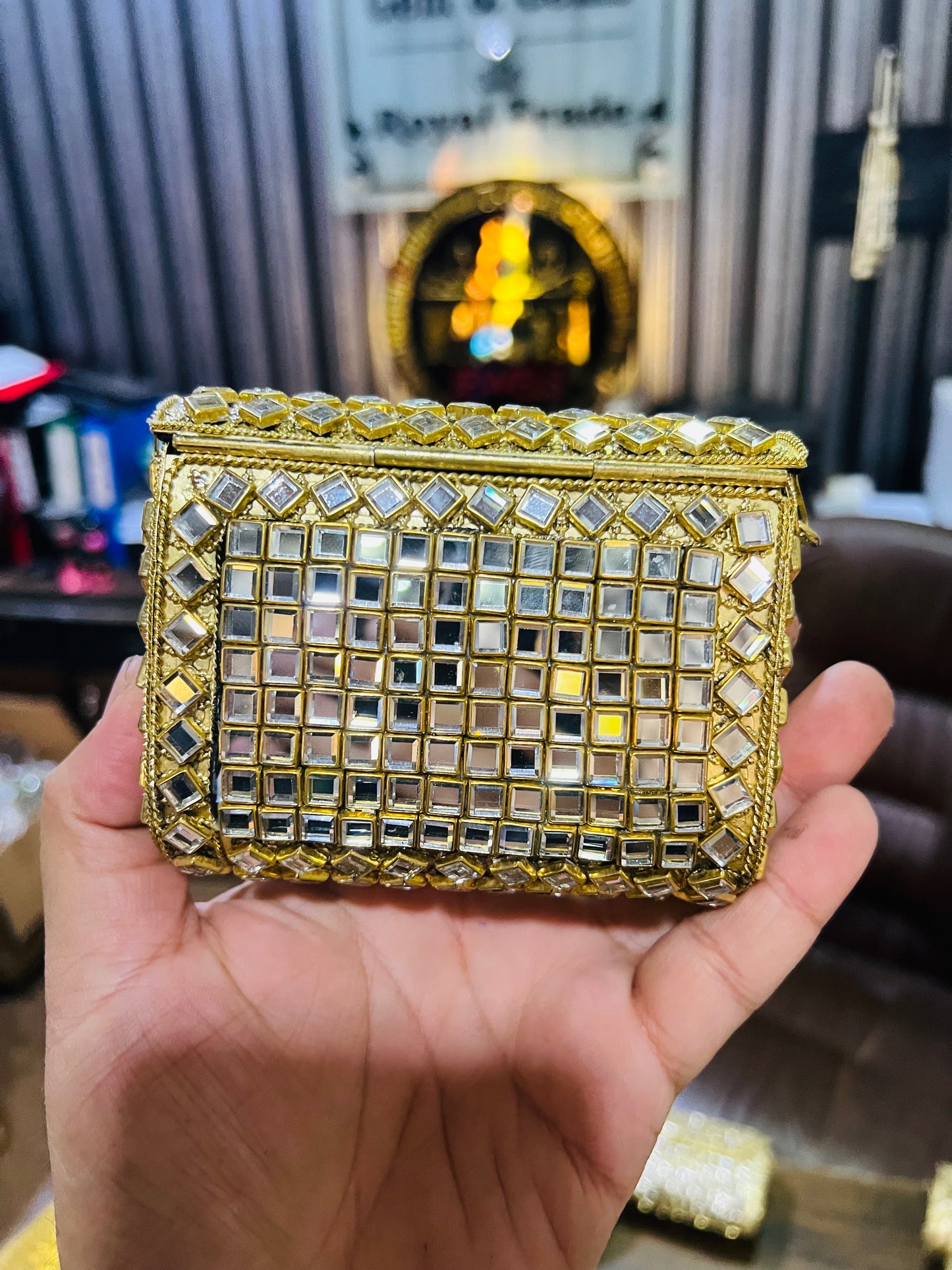 Mid Medium Kundan Golden Base Bag, Square Shape BB-S7