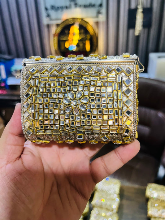 Mid Medium Kundan Silver Base Bag, Square Shape BB-S5