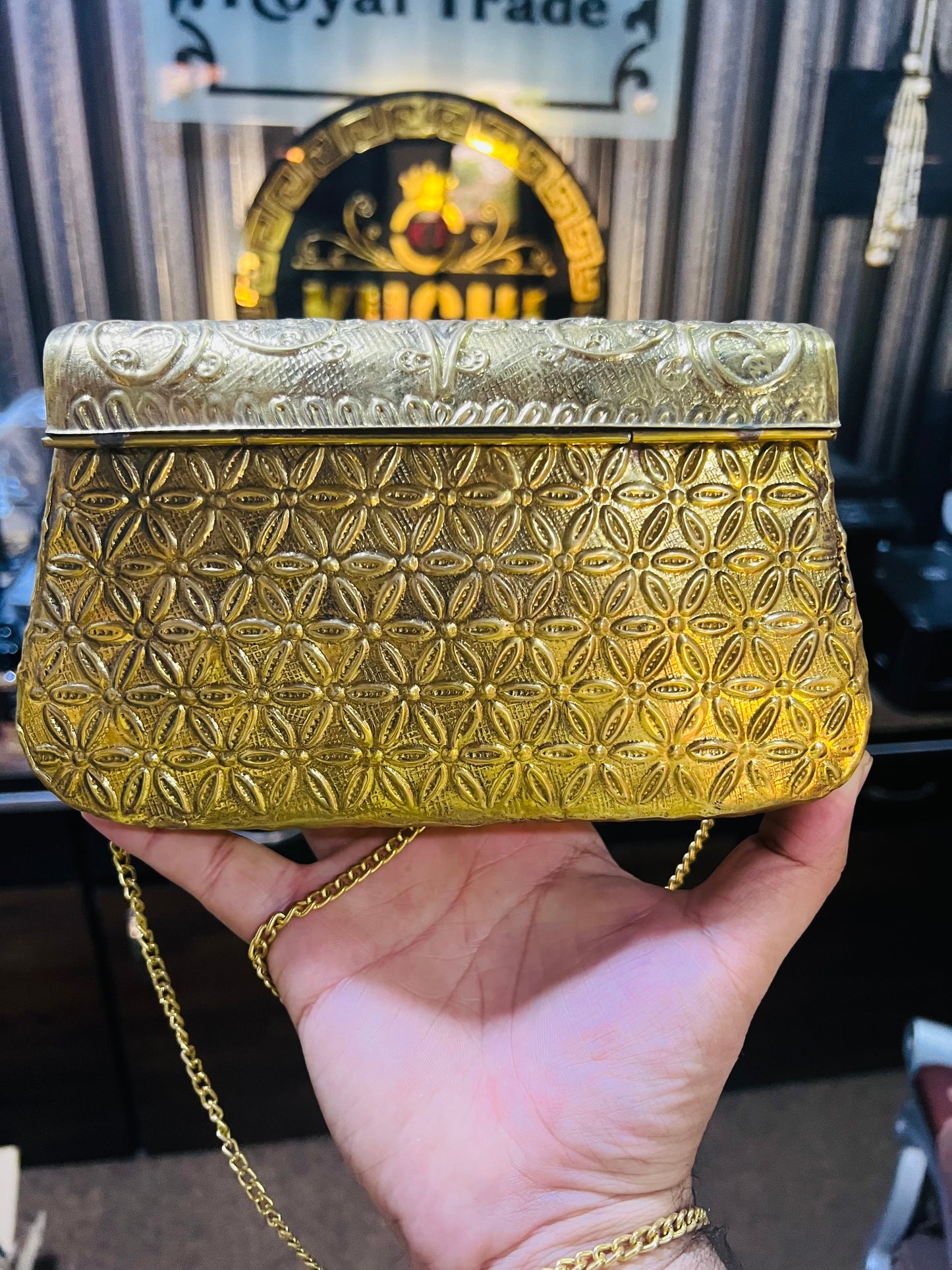 Golden Large Metal Bag With Long Chain