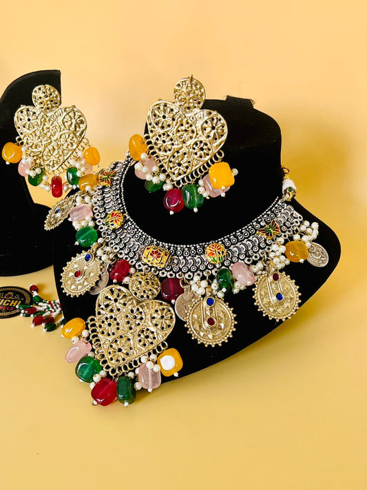 Antique Golden Silver Heart Shape Necklace Set