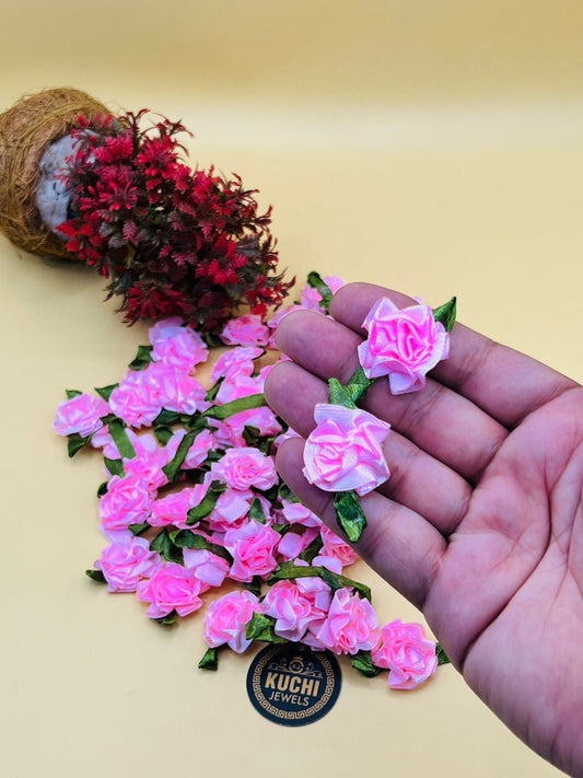 Artificial Fabric Flowers with Green Leaves for Sewing DIY Crafts Decoration Wedding Accessories 50 Pcs