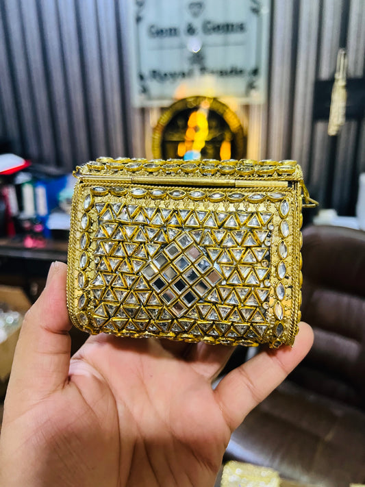 Mid Medium Kundan Golden Base Bag, Square Shape BB-S10