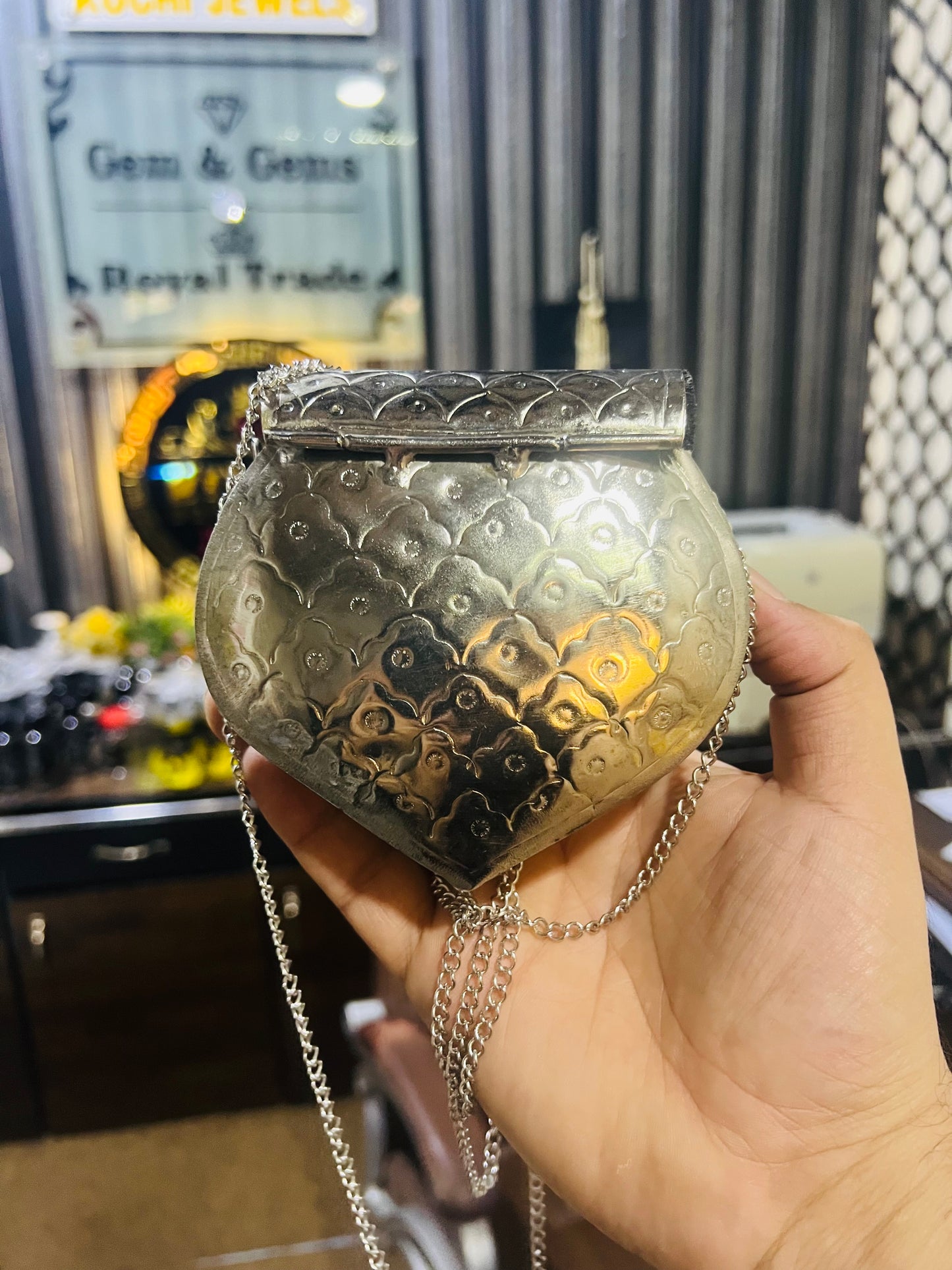 Silver Metal Heart Shape Bag MEDIUM SIZE (Random Carving Design)