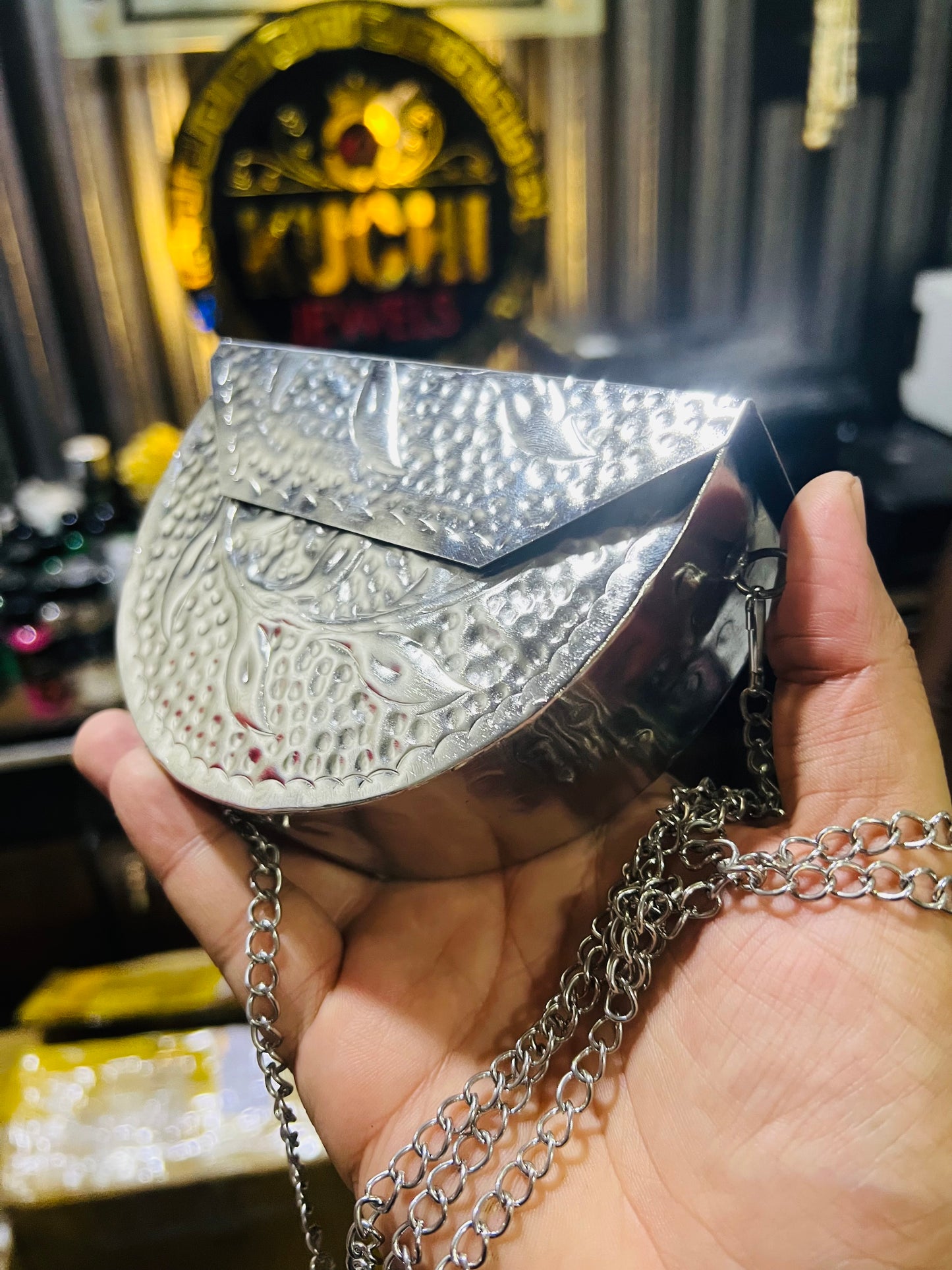 Silver Metal Hand Carving Mini Bag D shape