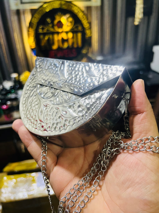 Silver Metal Hand Carving Mini Bag D shape