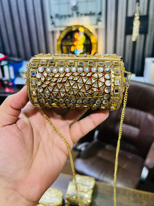 Medium Kundan Gold Bag Cylinder Shape BB-N1
