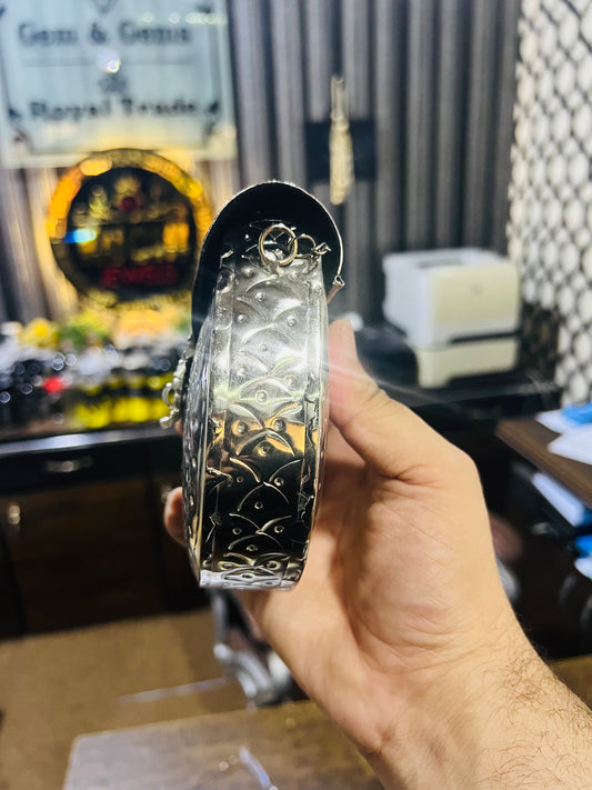 Silver Metal Bag Stylish D Shape MEDIUM SIZE (Random Carving Design)