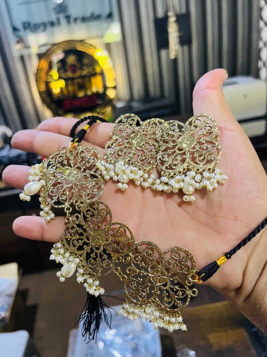 Golden Color White Pearls Butterfly Necklace Set