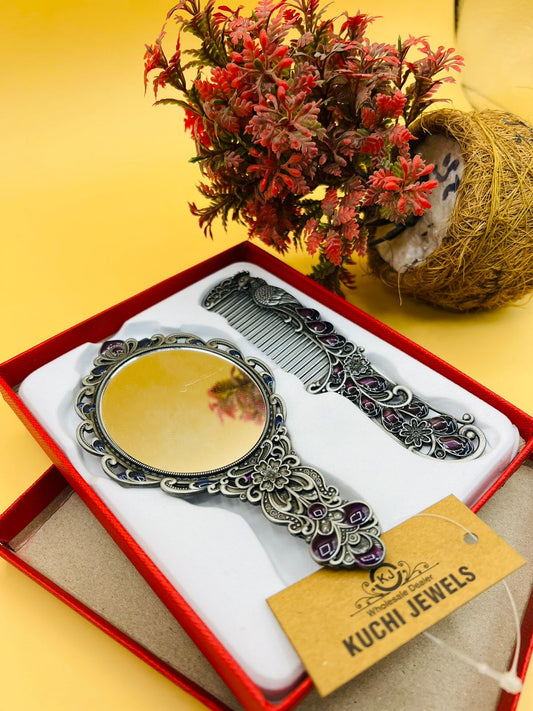 Egyptian Vintage Pocket Size Metal Mirror With Comb New