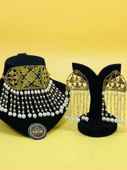 Golden Metal Handwork And White Pearl Set