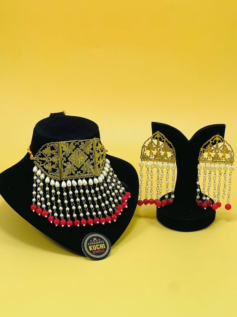 Golden Metal Handwork And White Pearl Set