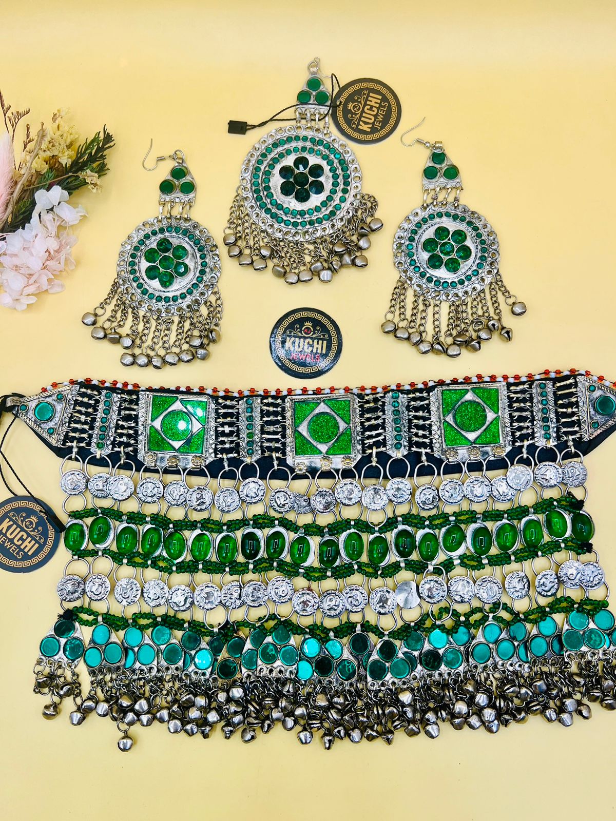 Silver Base Afghan Green Stone Choker Set