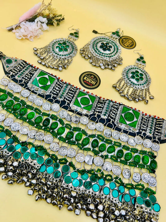 Silver Base Afghan Green Stone Choker Set