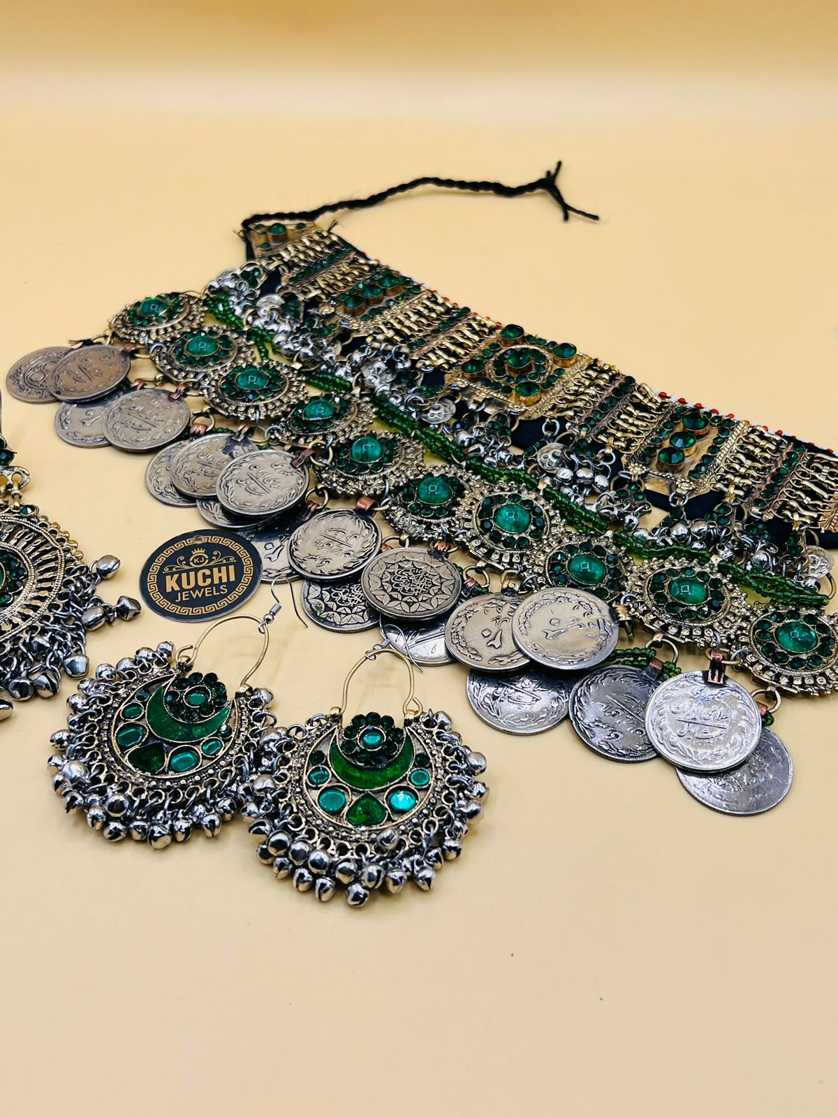 Green Stone And Coins Work Afghani Choker Set