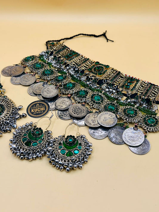 Green Stone And Coins Work Afghani Choker Set