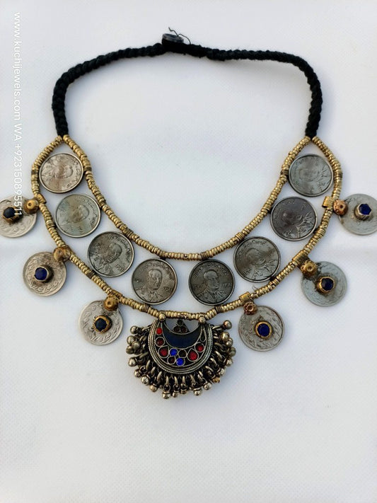Half Moon Pendant And Afghani Coins Choker