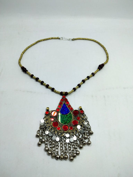Vintage Boho Pendant & Metal Beads Necklace