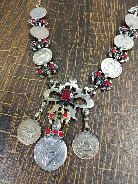 Old Coins And Red Beads Necklace