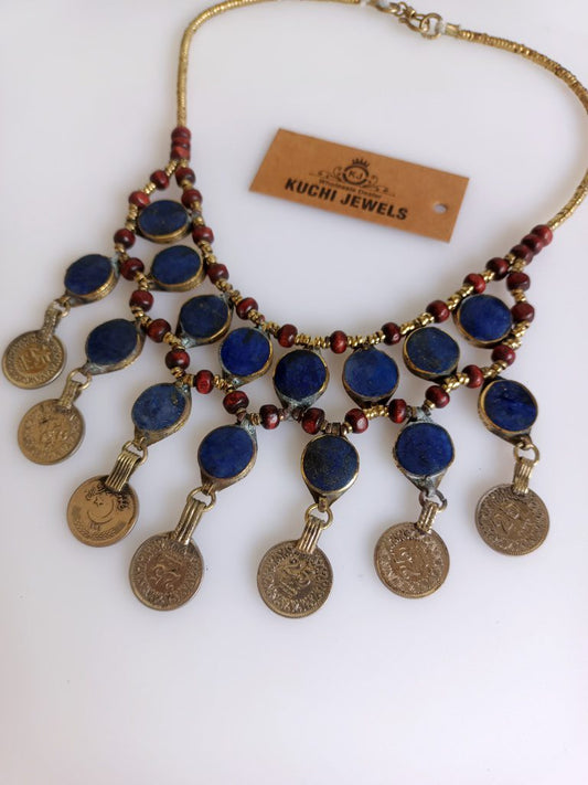 Lapiz Stone And Old Coins Necklace
