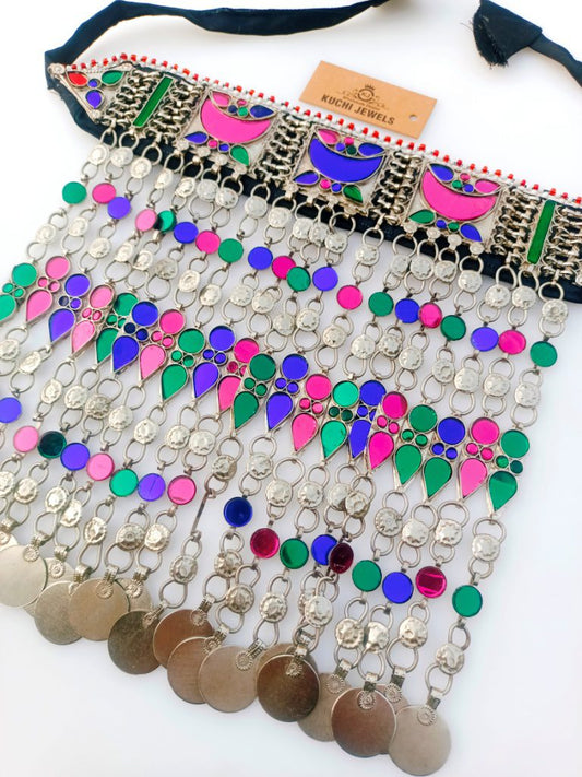 Multi Stone Lyer Long Metal Chain Necklace of Afghan Tradition