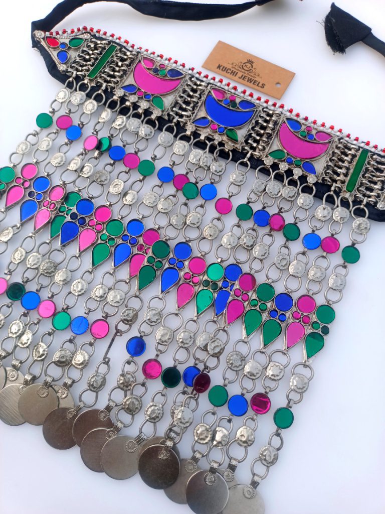 Multi Stone Lyer Long Metal Chain Necklace of Afghan Tradition