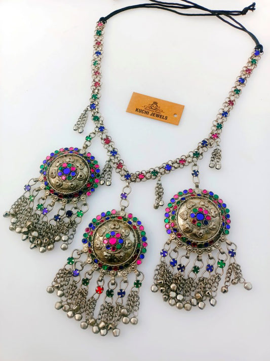 Three Afghani Pendant With Stone Work Long Chain Necklace for Women