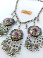 Three Afghani Pendant With Stone Work Long Chain Necklace for Women