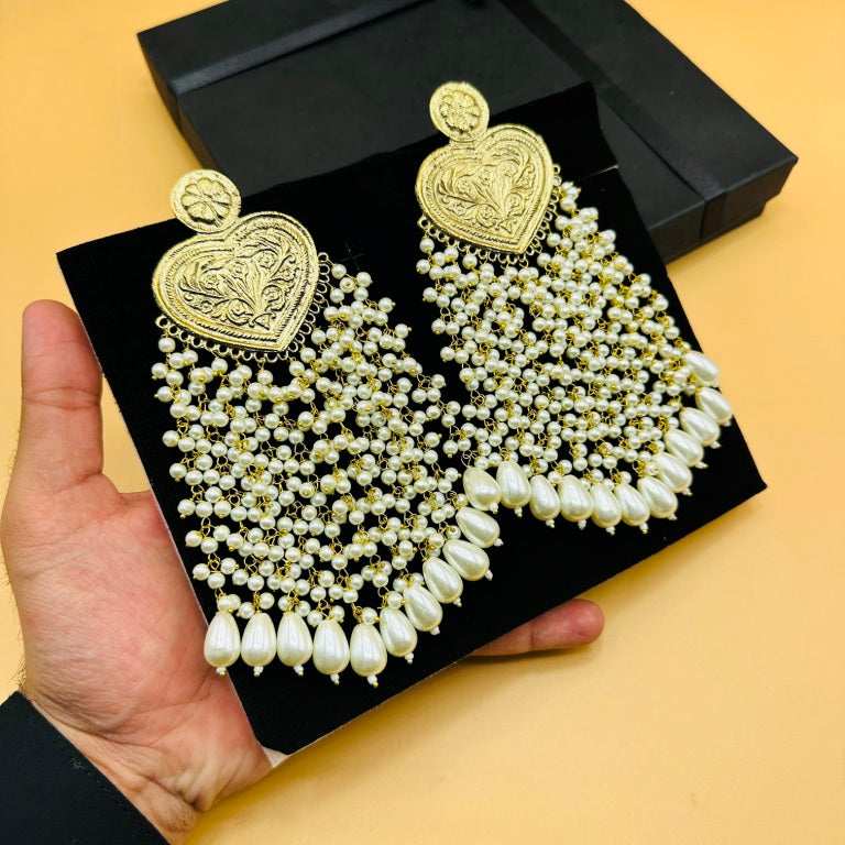 Long Pearl Golden Stylish Ear Rings for Girls – Kuchijewels Pk
