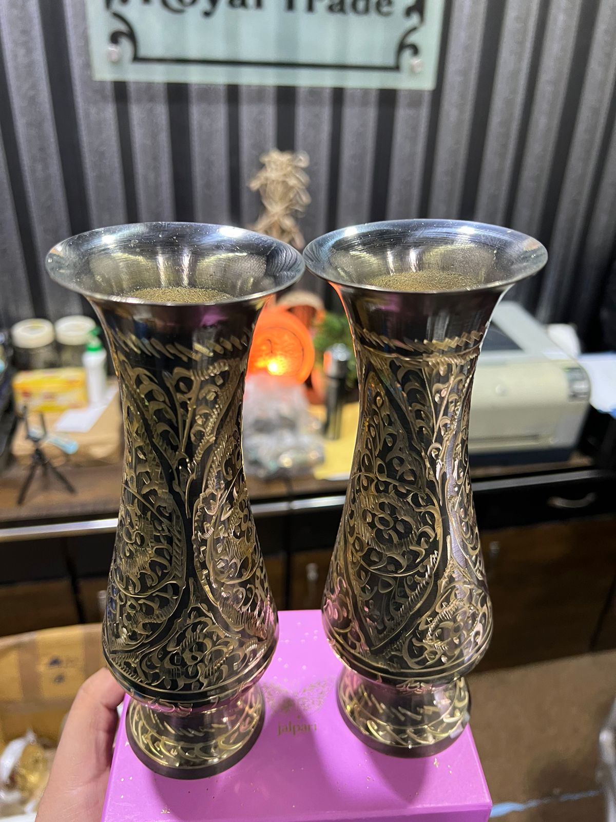 Large Brass Vase Pair for Decorative Items