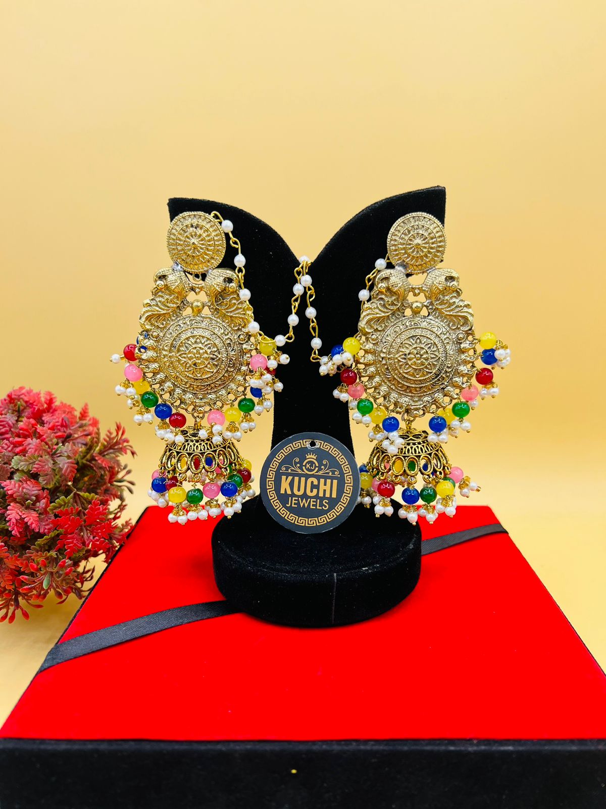 Large Jhumka Multi Beads Golden Earrings