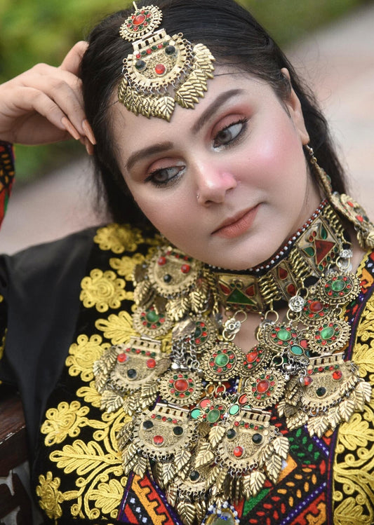 Long Afghan Bridal Golden Choker Set With Tikka