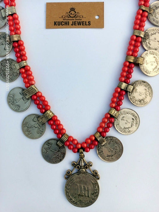 Long Red Beaded and Coins Necklace