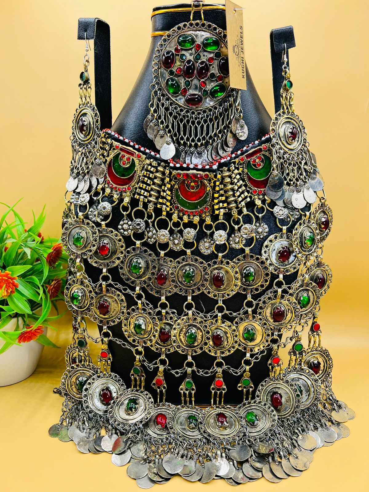 Long Afghan Wedding Necklace Set With Synthetic Stones