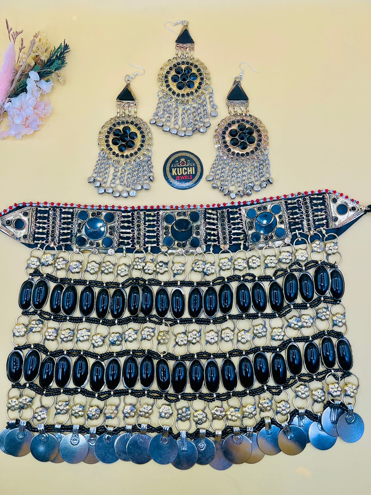 Long Double Stone Afghani Necklace Set