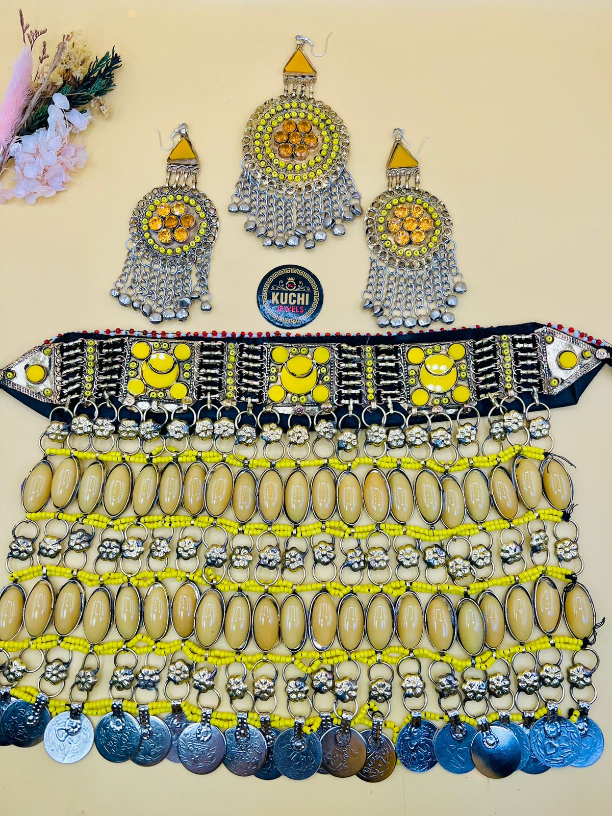 Long Double Stone Afghani Necklace Set