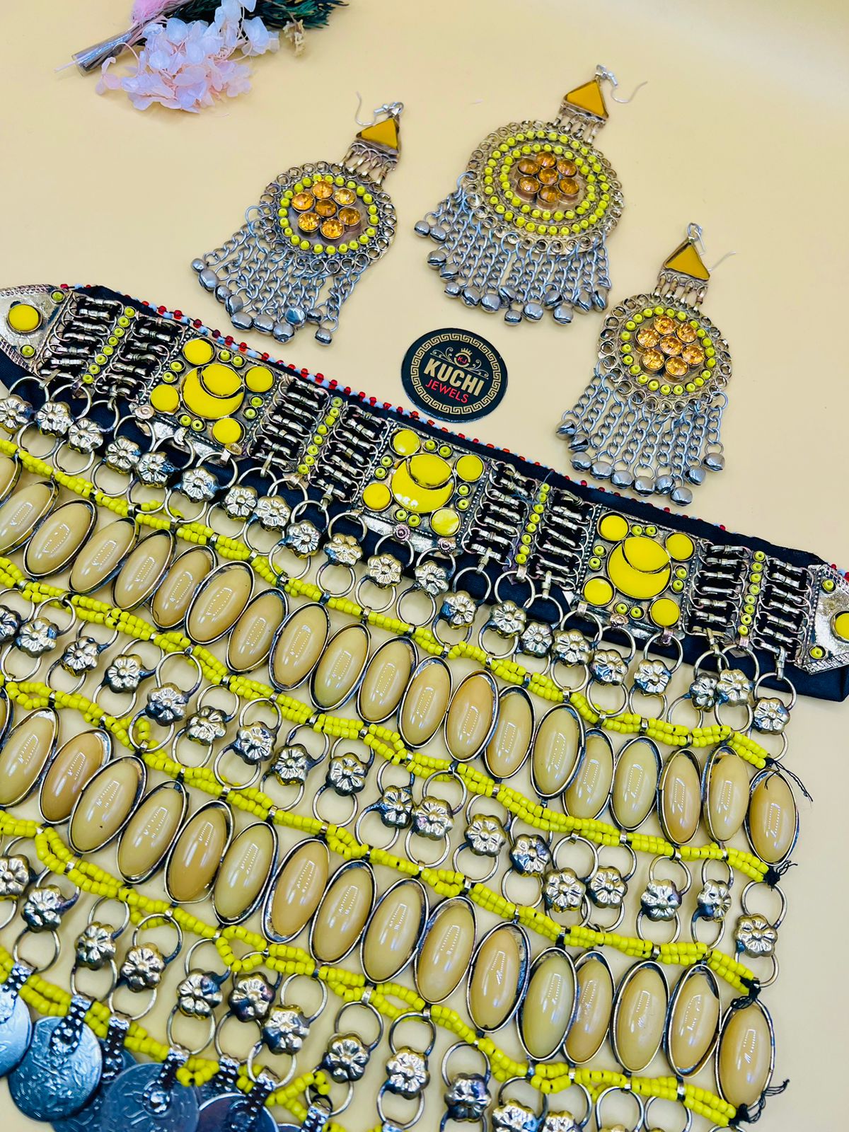 Long Double Stone Afghani Necklace Set