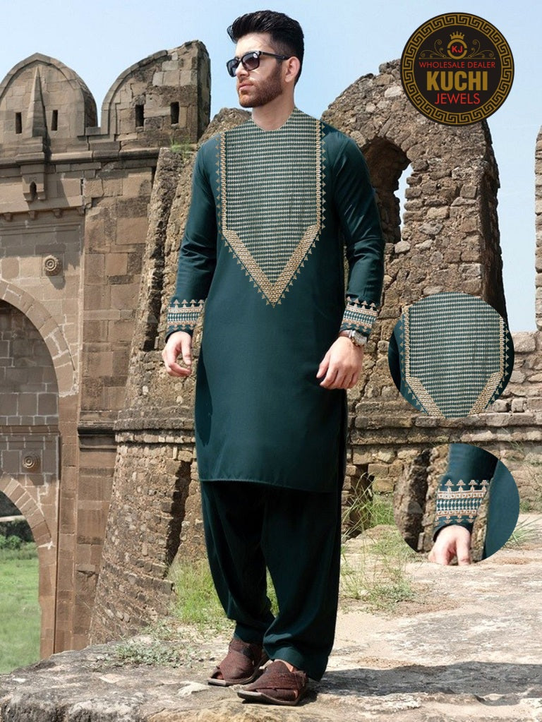 Men's Afghan Trending Dark Green Embroidered Stitched Dress Peran