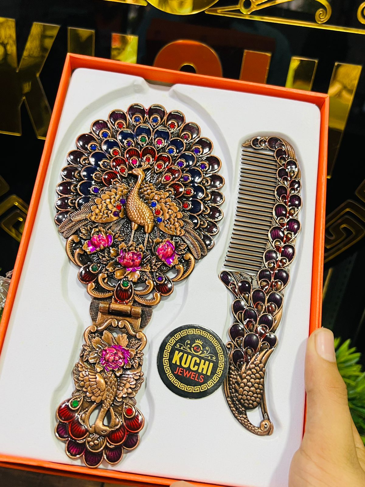 Large Size Metal Comb And Mirror Set 8.5x4 Inches