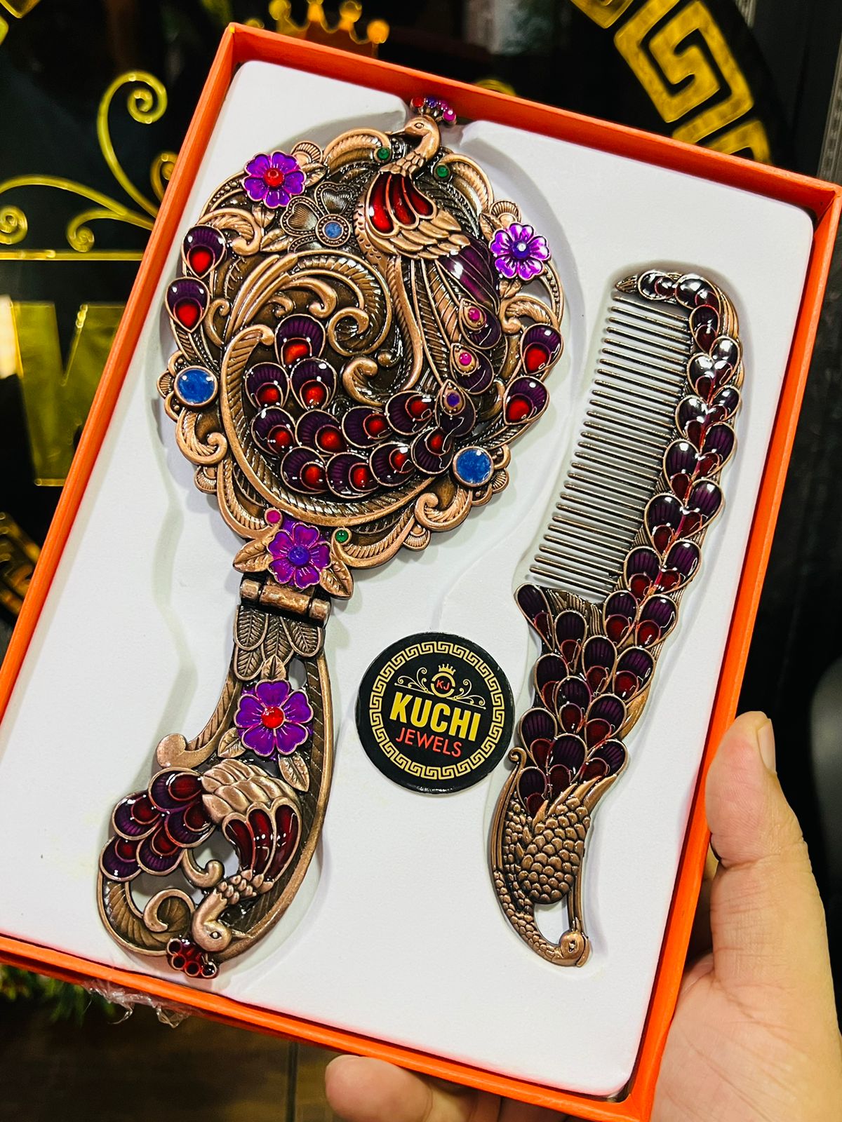 Large Size Metal Comb And Mirror Set 8.5x4 Inches