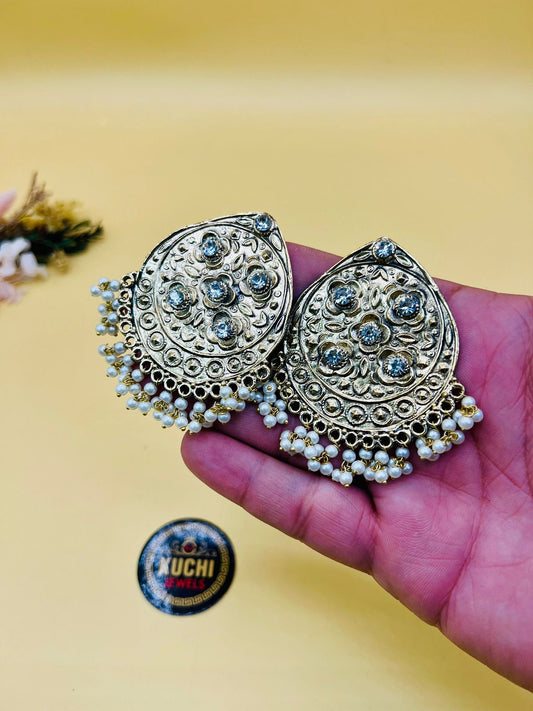 Mirror And Beads Golden Earrings