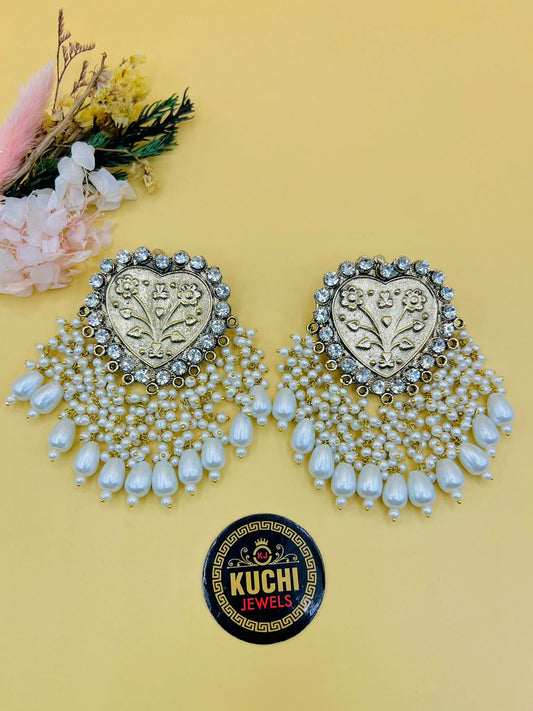 Mirror Heart Golden Pearl Earring