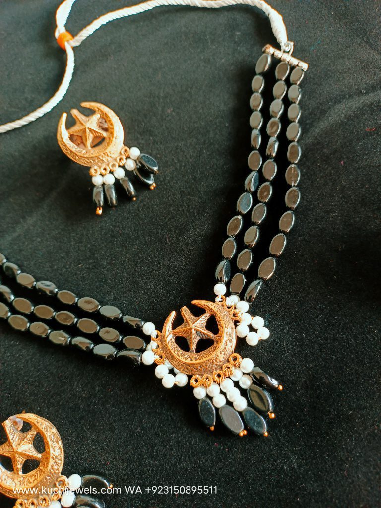 Moon and Star Black Beads Choker Set