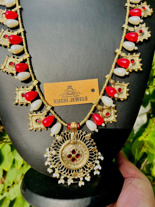 Multi Pearl And Metal Pieces Long Mala With Indian Strip