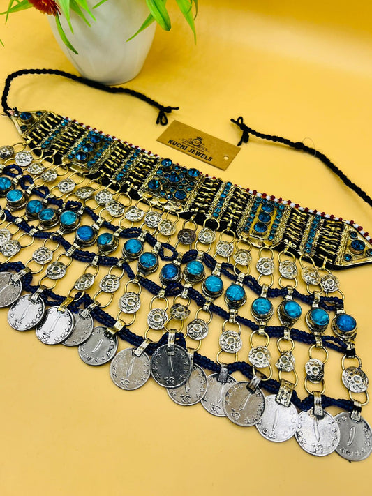 Multi Crystal Stone And Antique Coins Afghan Choker
