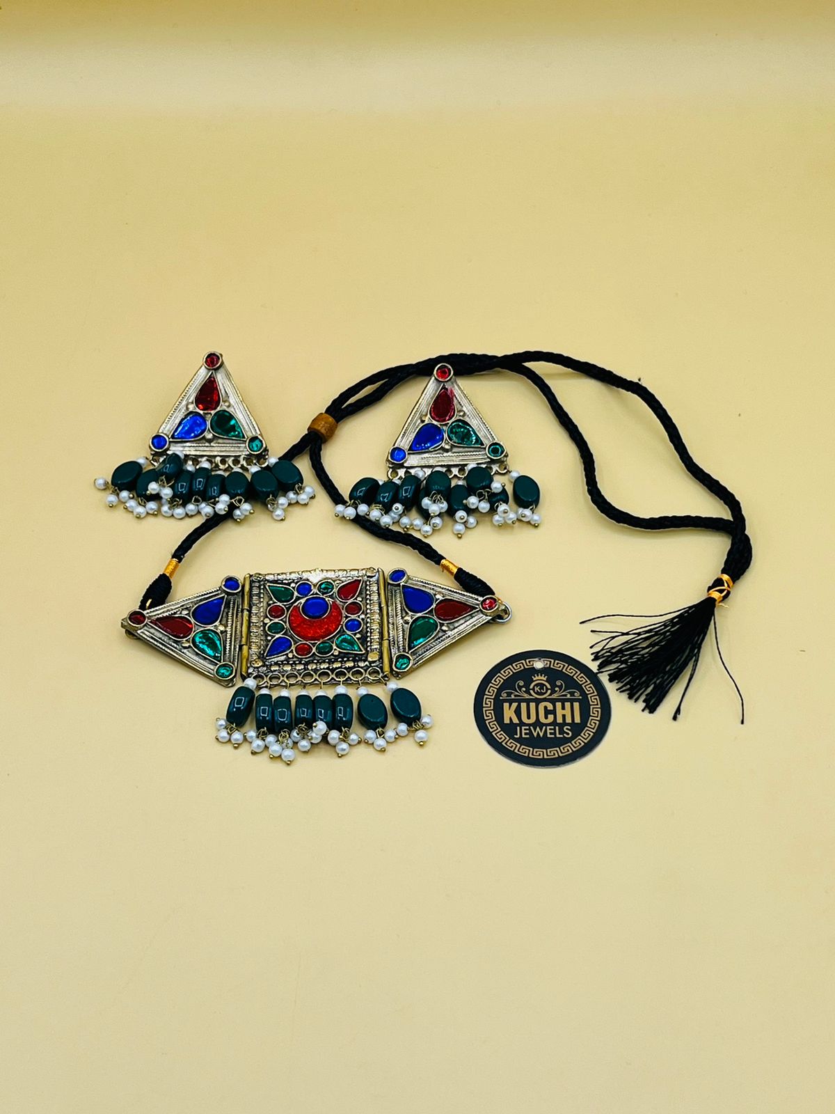 Multi Green Beads Afghani Necklace Set