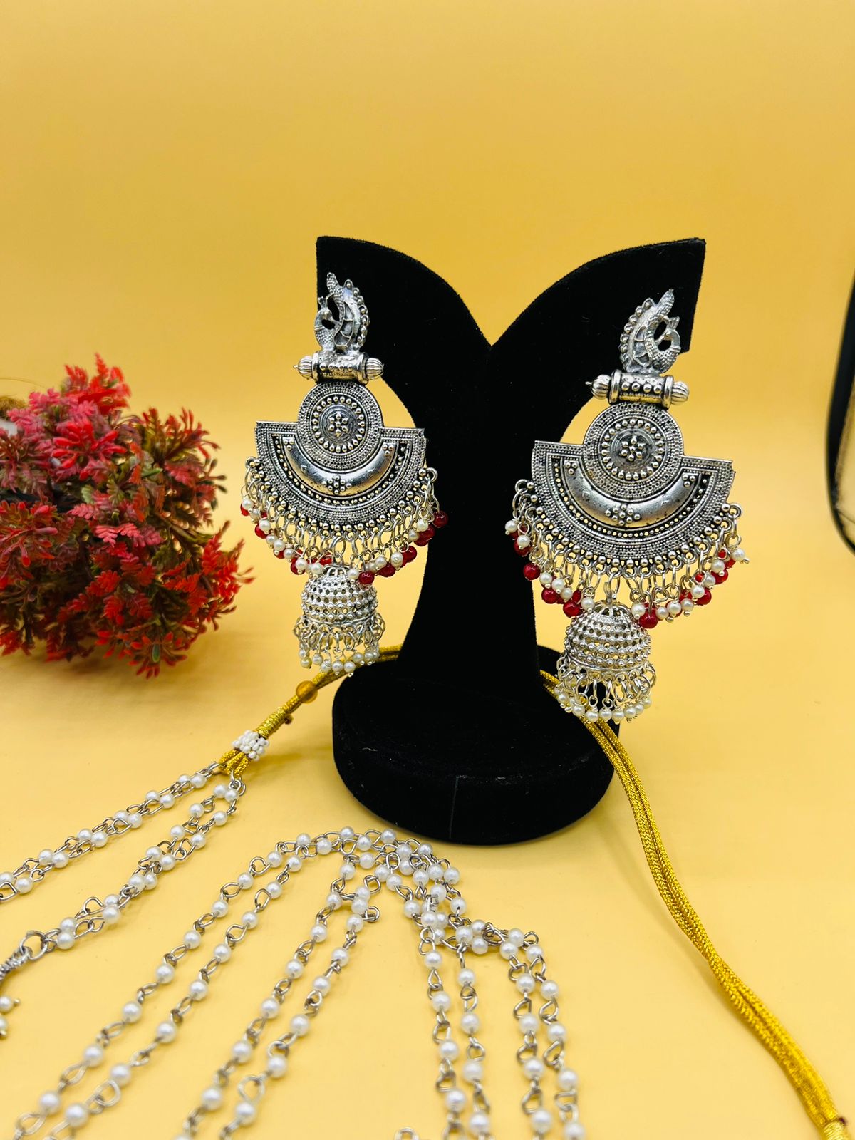 Multi Pearl Silver Metal Double Mala And Earrings Set